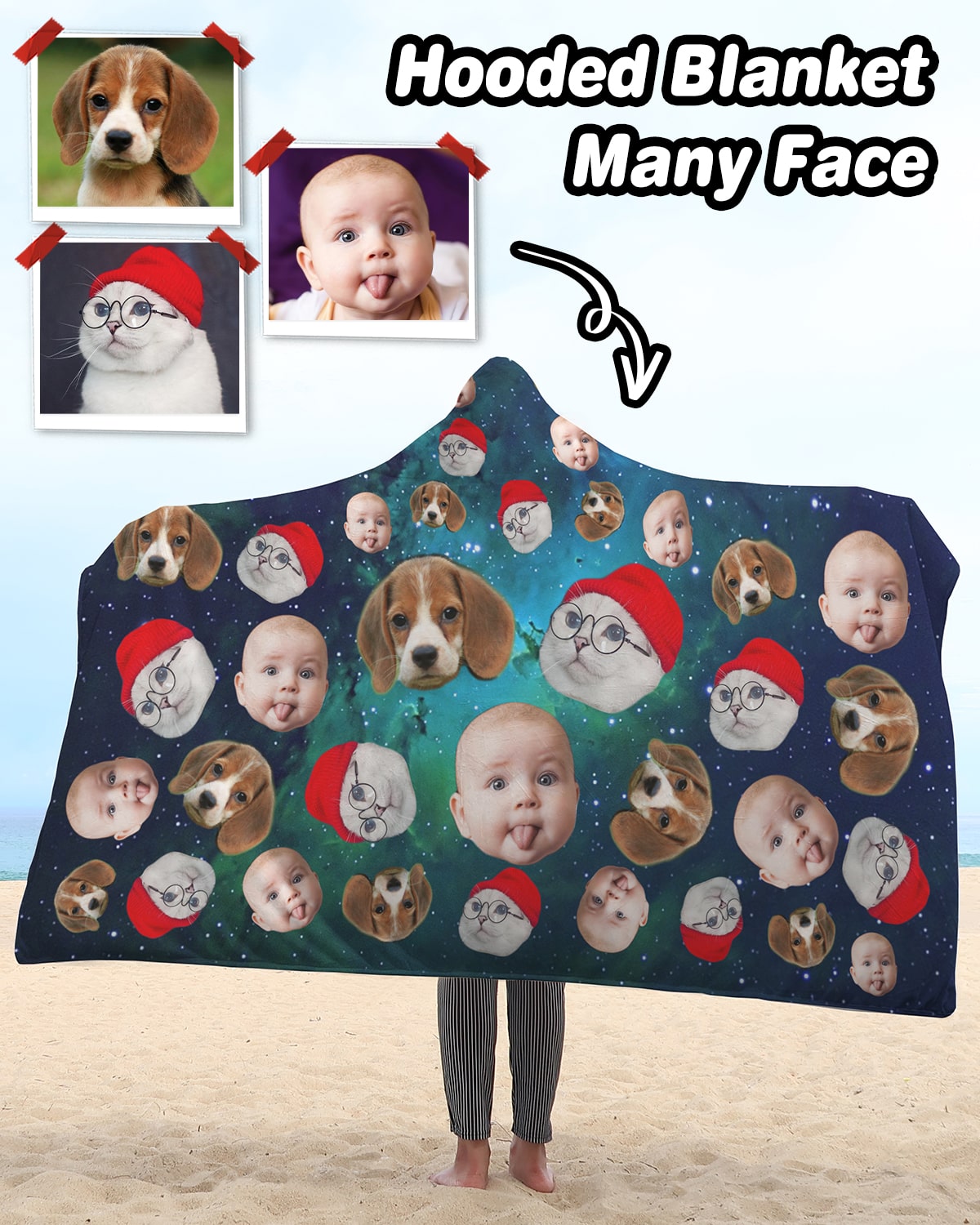 Personalized Many Face Sherpa Hooded Blanket - ASDF Print