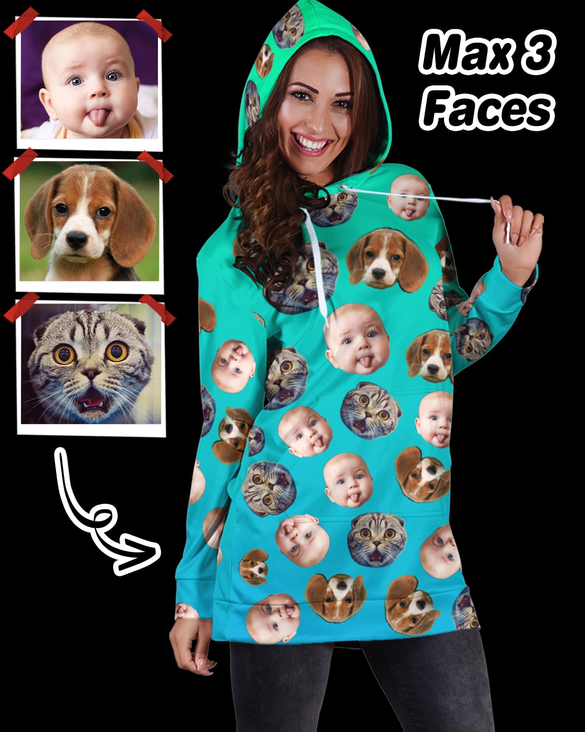 Personalized Many Face Hoodie Dress - ASDF Print